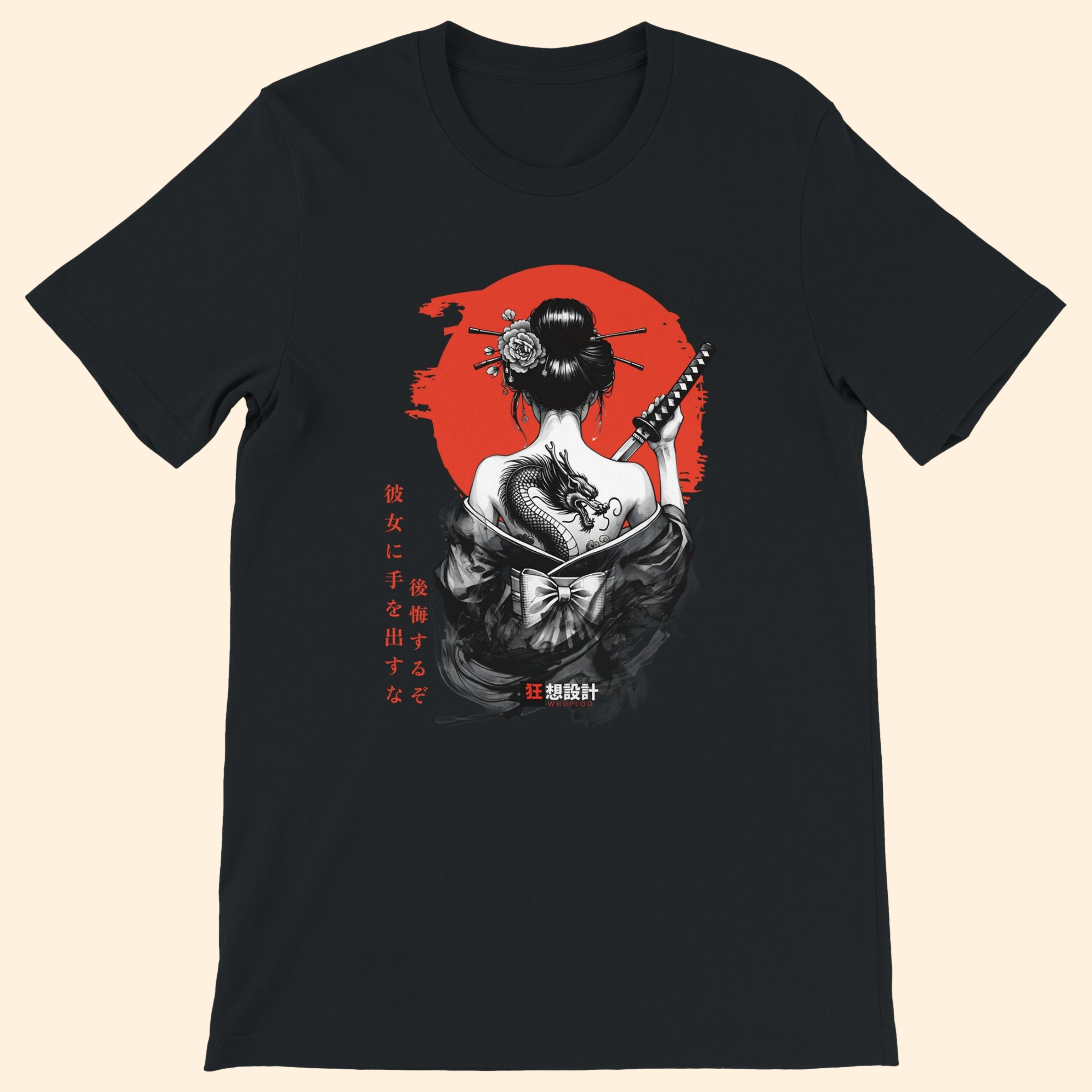 A black T shirt featuring an illustration of an onna bugeisha with a dragon tattoo on her back, a katana, and a red sun behind her.