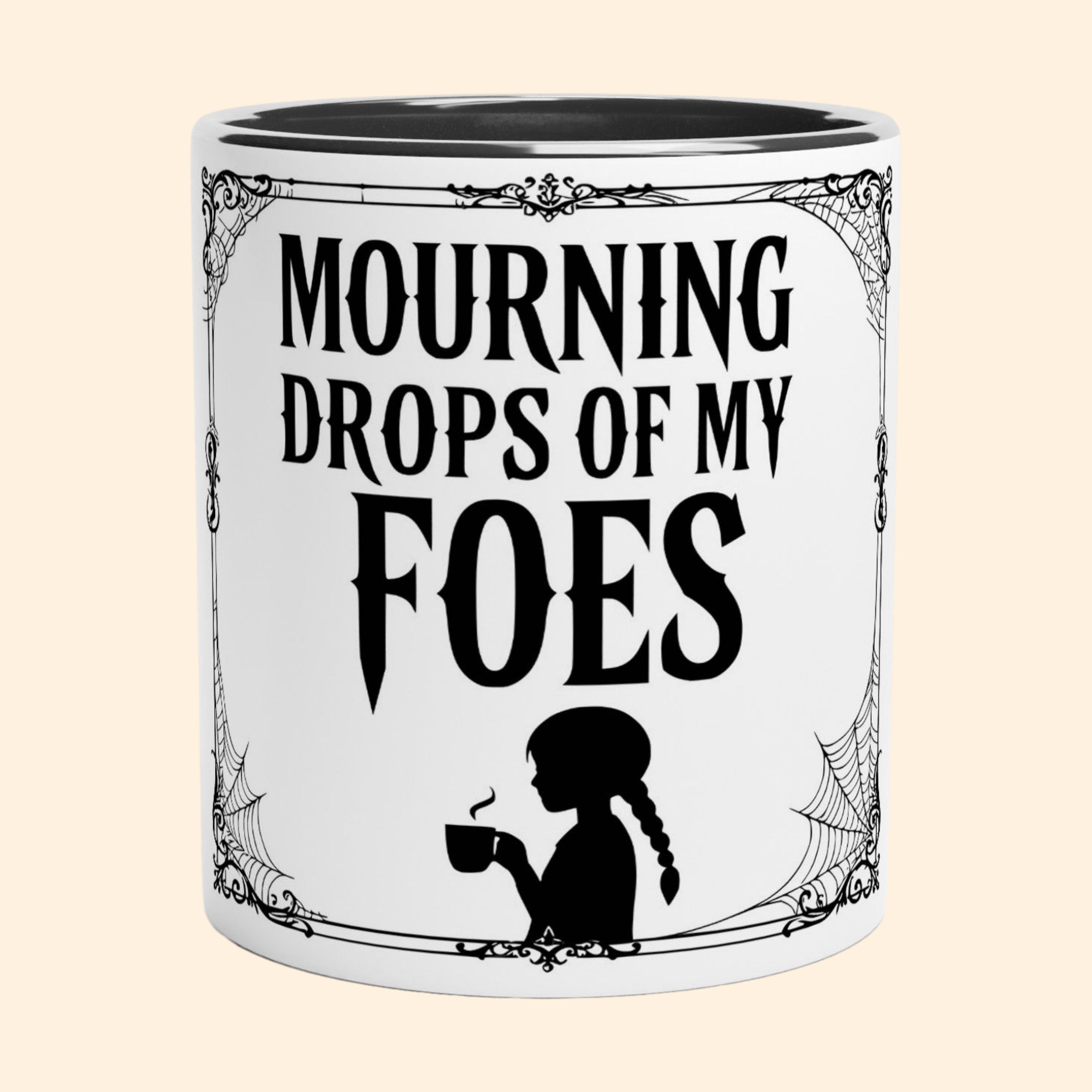 White ceramic mug with black gothic-style text and a silhouette illustration on the front