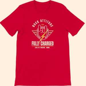 Red T-shirt with Rock Attitude Fully Charged graphic print on the front