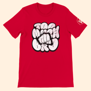 Red t-shirt featuring white graffiti-style text with a central fist-bump graphic on the chest