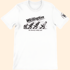 Front view of a white T-shirt with a black Wellington graphic and text