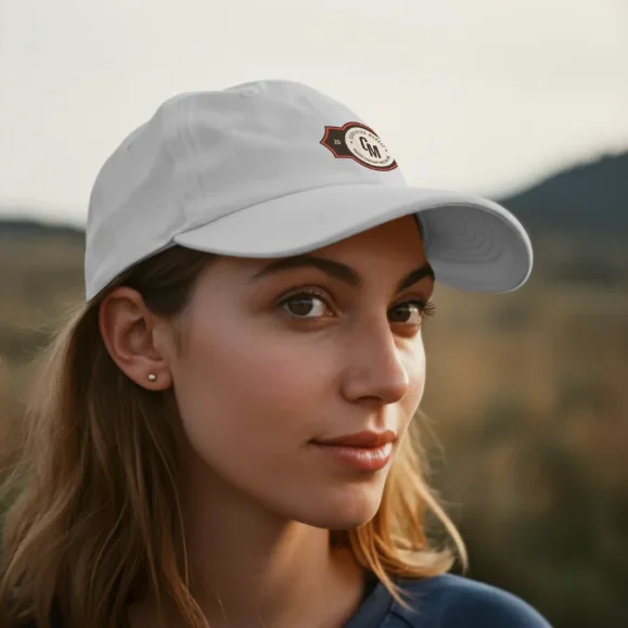 Certified Menace White Cap Outdoor Woman wearing a white Certified Menace cap outdoors in a natural setting.