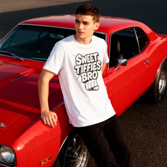 Sweet Tiffies Bro White T-Shirt Lifestyle Man wearing a white Sweet Tiffies Bro graphic T-shirt beside a red car.