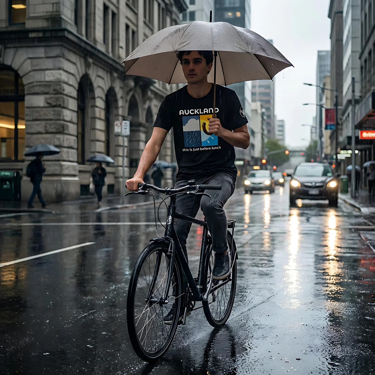 Man wearing a black Auckland Weather T-shirt while cycling with an umbrella on a rainy city street