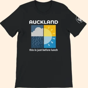 Black T-shirt featuring an Auckland weather graphic with the text this is just before lunch on the front