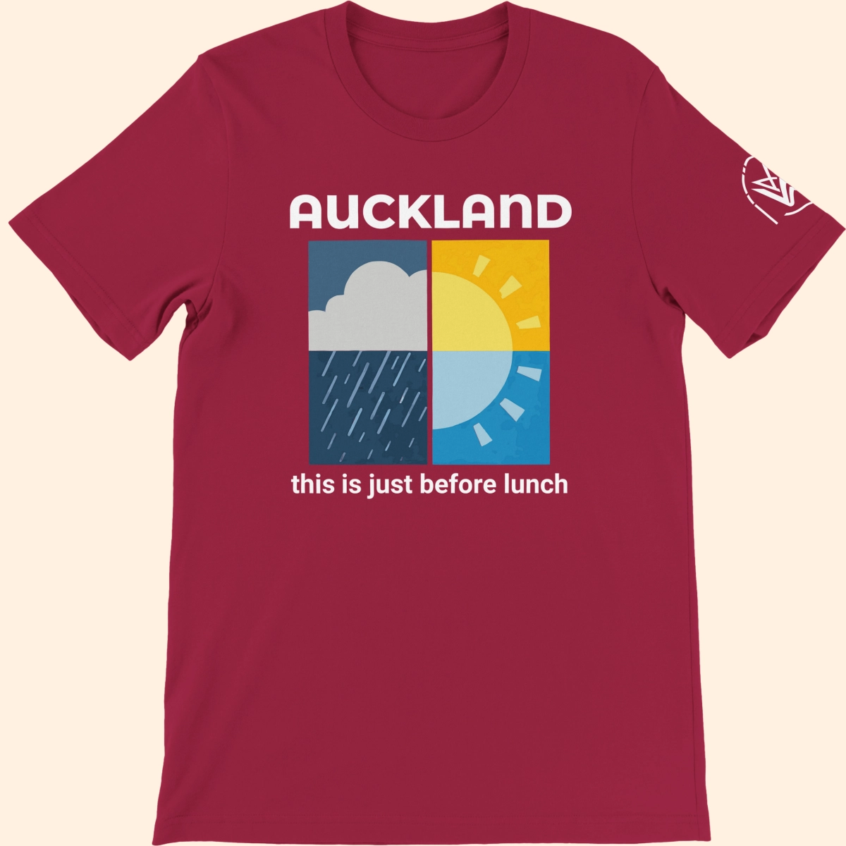 Cardinal red T-shirt featuring an Auckland weather graphic with the text this is just before lunch on the front