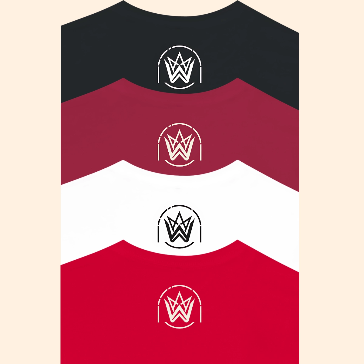 Close-up of Whuploo outer neck logo printed on black, cardinal red, white and red Auckland Weather T-shirts