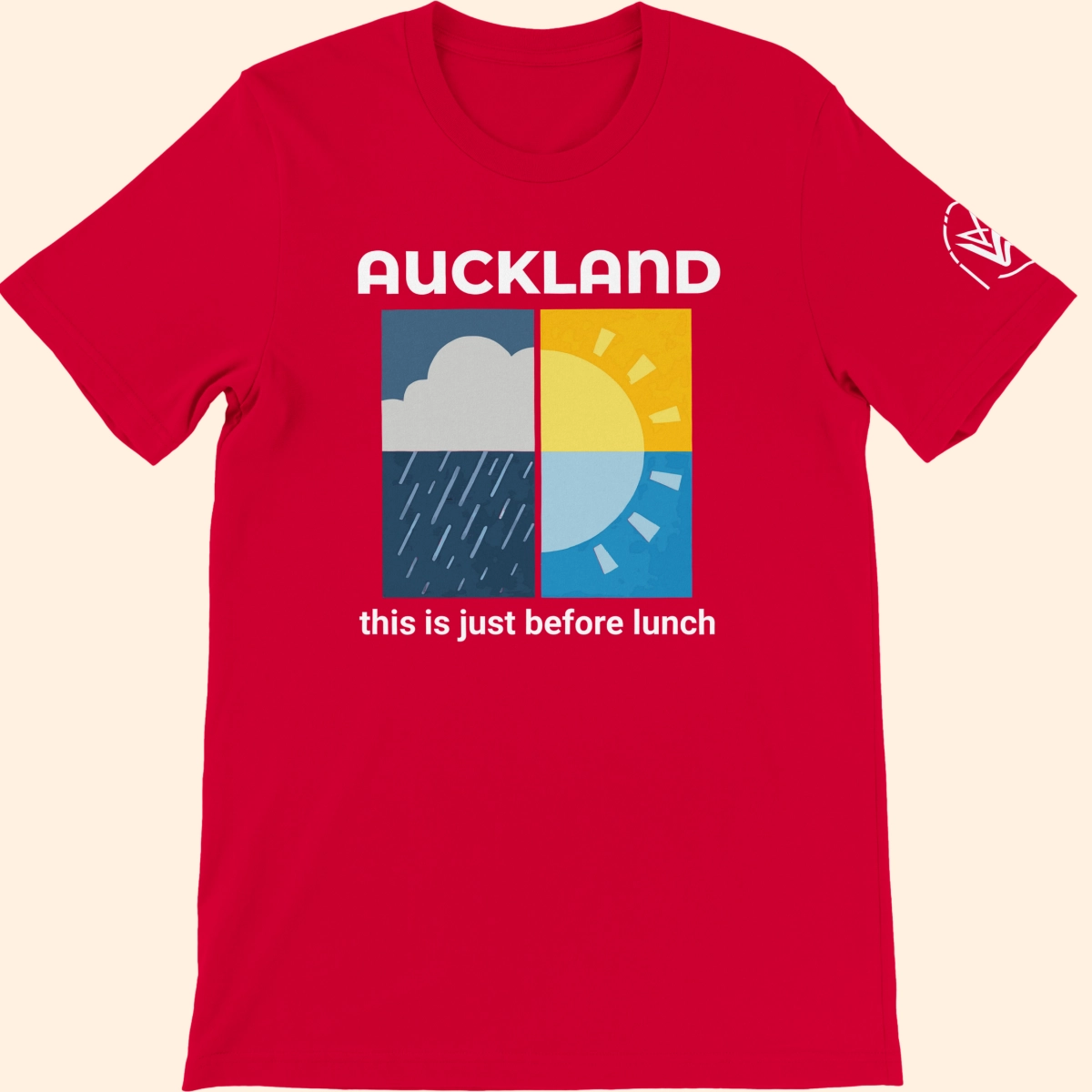 Red T-shirt featuring an Auckland weather graphic with the text this is just before lunch on the front