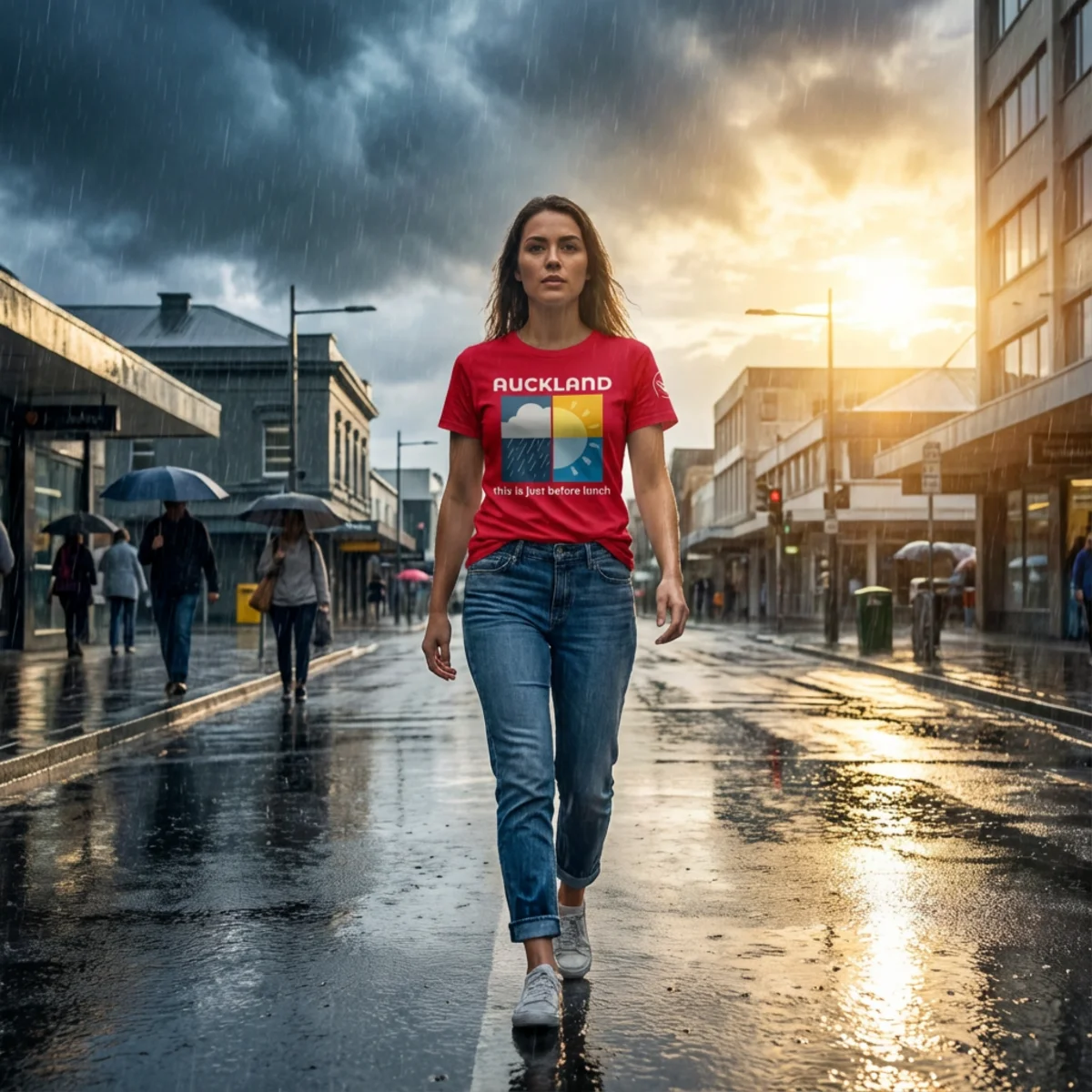 Woman wearing a red Auckland Weather T-shirt while walking on a rainy city street