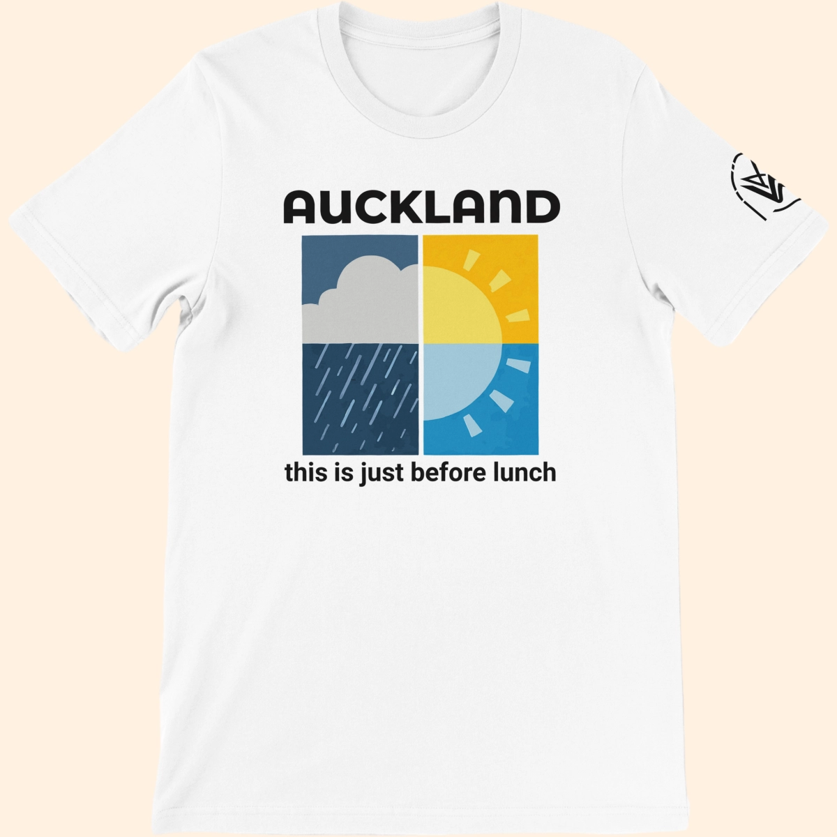 White T-shirt featuring an Auckland weather graphic with the text this is just before lunch on the front