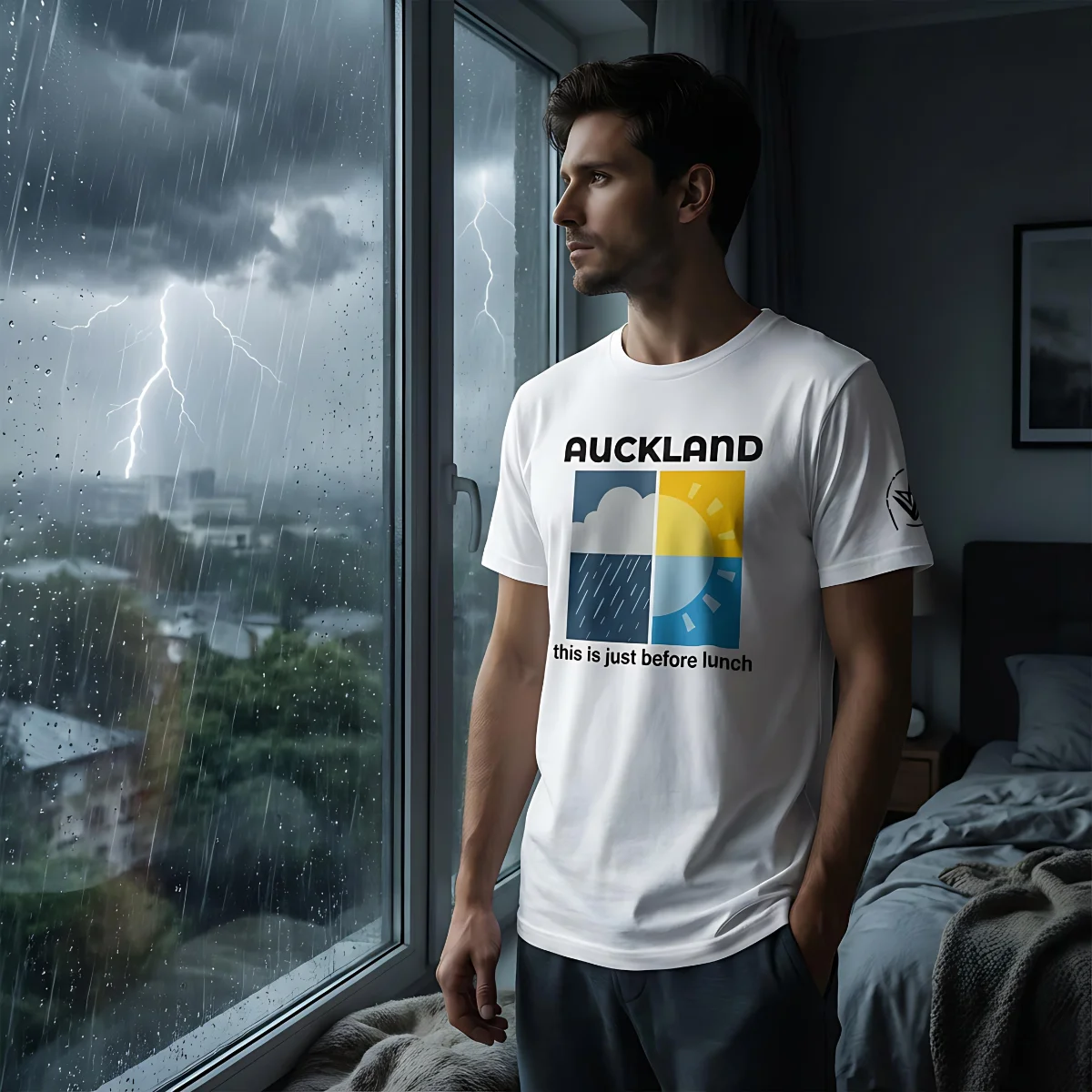 Man wearing a white Auckland Weather T-shirt while standing indoors beside a window during rainy weather