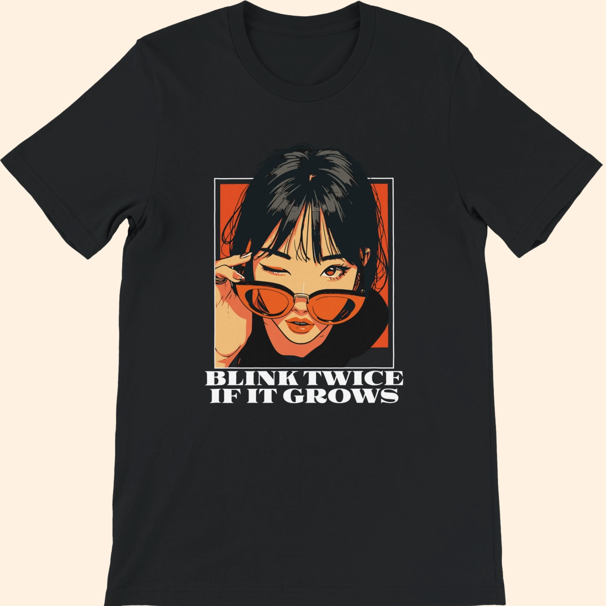 Black T-shirt featuring an illustrated woman wearing red sunglasses with the text Blink Twice If It Grows on the front