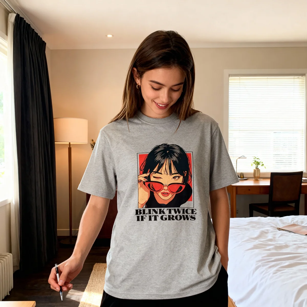 Woman wearing a silver Blink Twice If It Grows T-shirt indoors with the front artwork visible