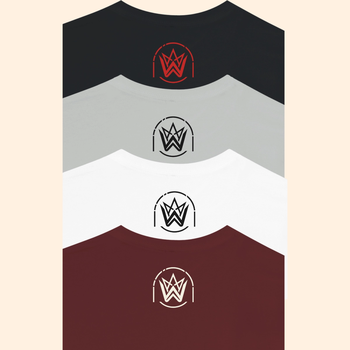 Close-up of Whuploo outer neck logos printed on black, silver, white and heather maroon Blink Twice T-shirts