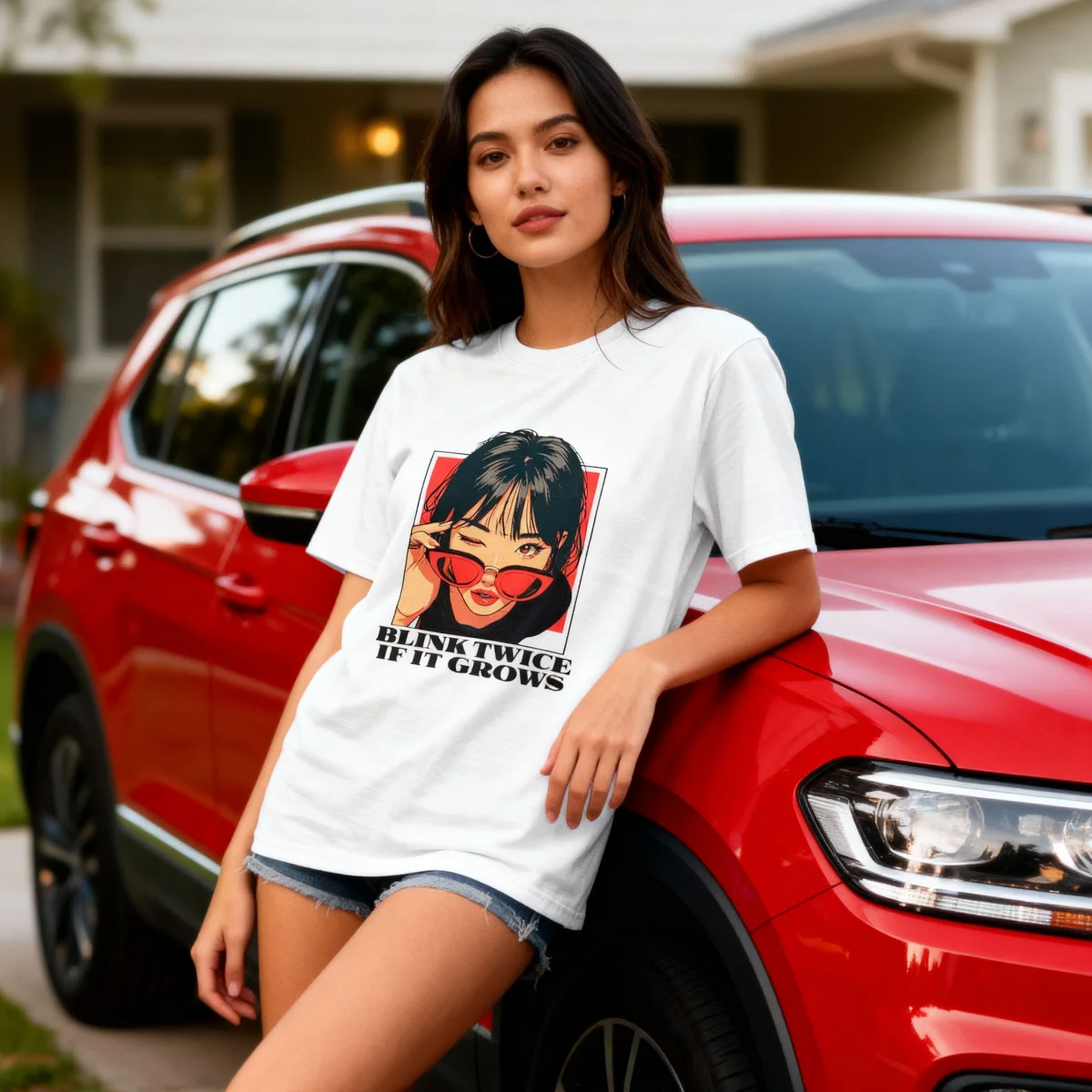 Woman wearing a white Blink Twice If It Grows T-shirt while leaning against a red car