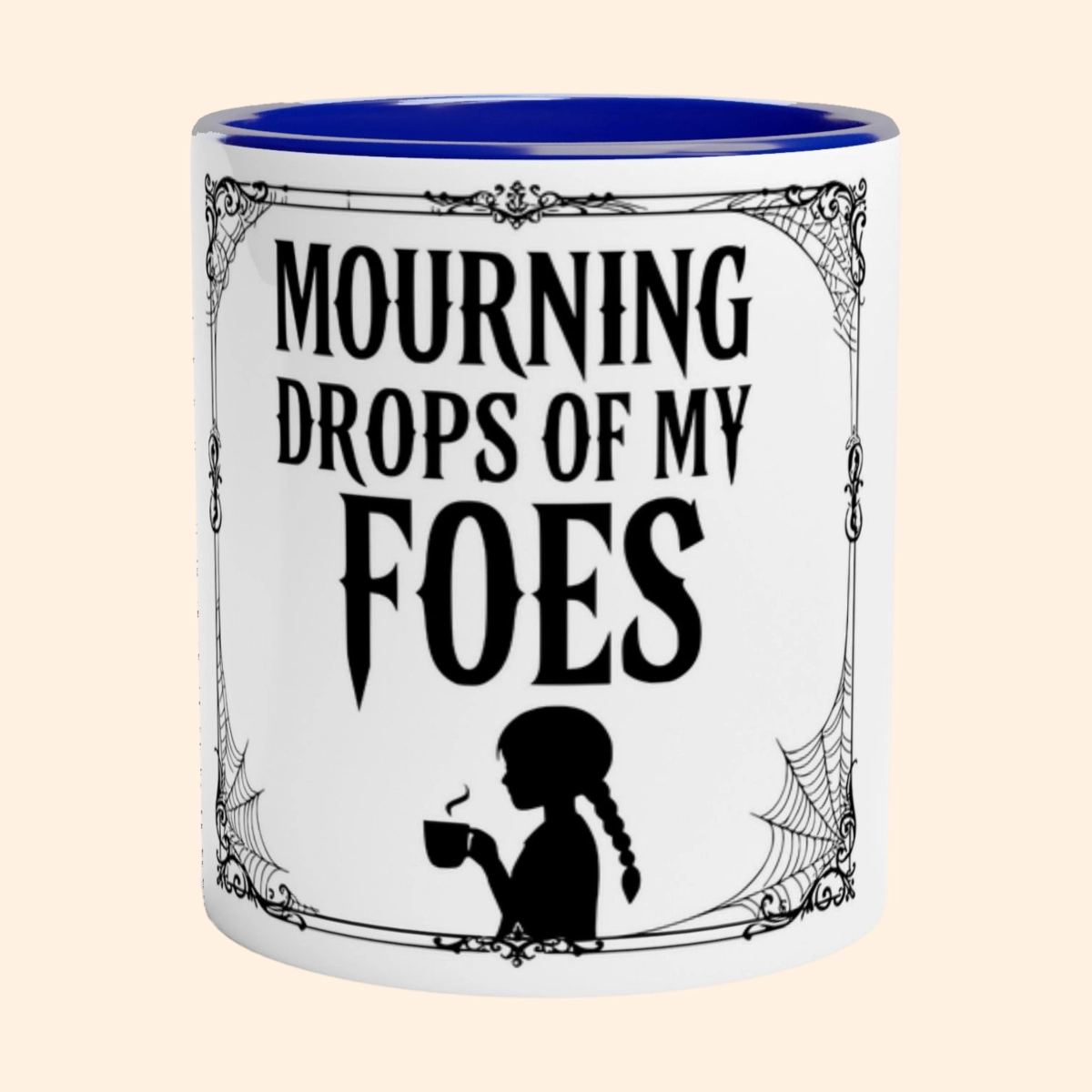 White ceramic mug with blue interior featuring the Mourning Drops design on the front.