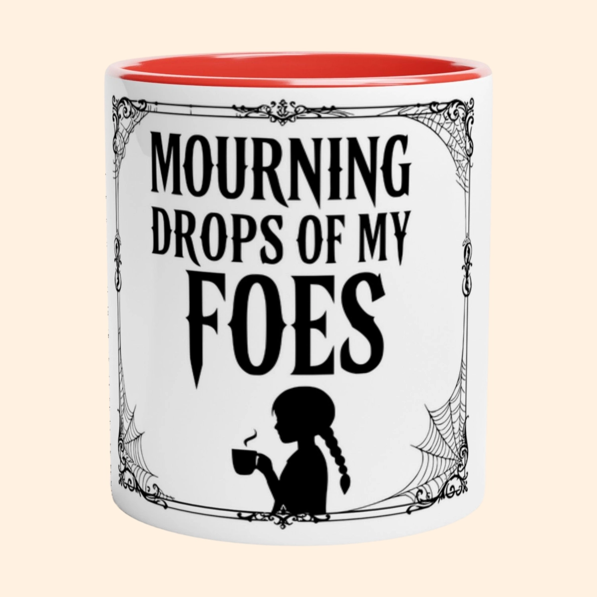 White mug with red interior showing the Mourning Drops of My Foes design on the front.