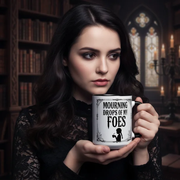 Mourning Drops White Mug Library Model Woman holding a white Mourning Drops of My Foes mug in a library setting