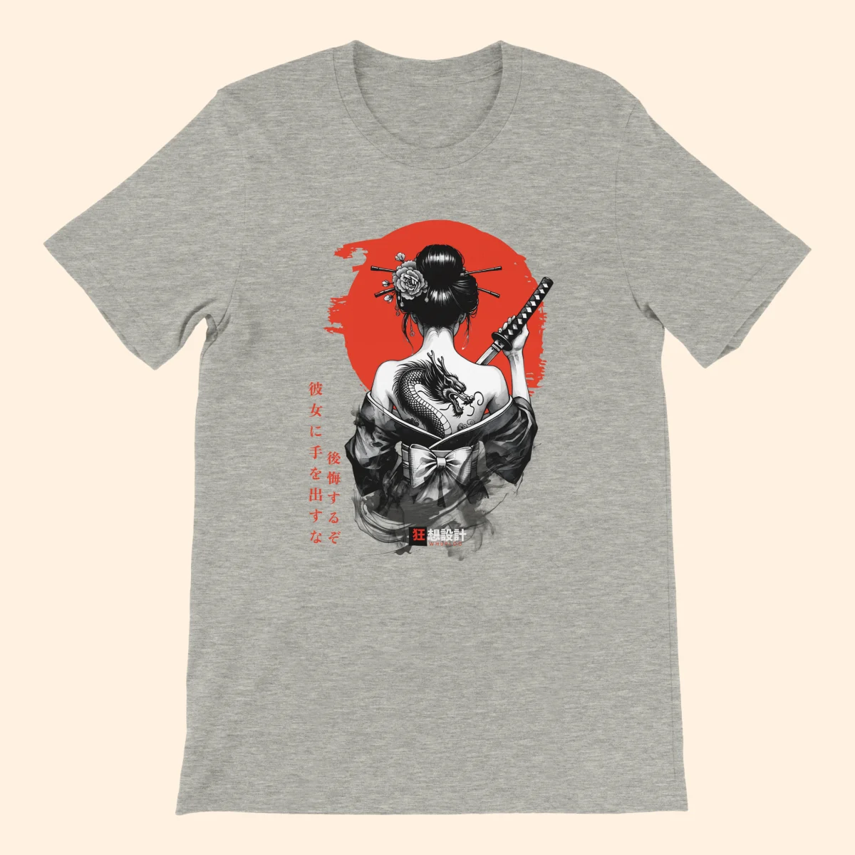Ash grey T-shirt featuring Onna-Bugeisha graphic artwork with a red sun background and Japanese-inspired text.