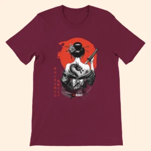 Maroon T-shirt featuring Onna-Bugeisha graphic artwork with a red sun background and Japanese-inspired text.