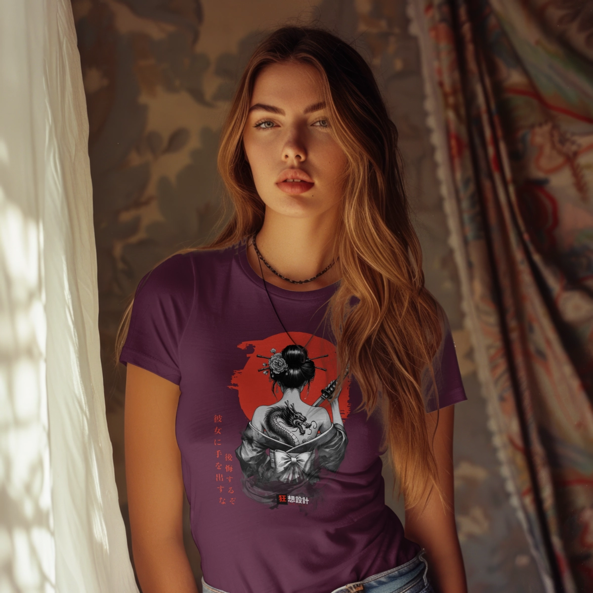 Model wearing a maroon Onna-Bugeisha T-shirt with the front artwork visible.