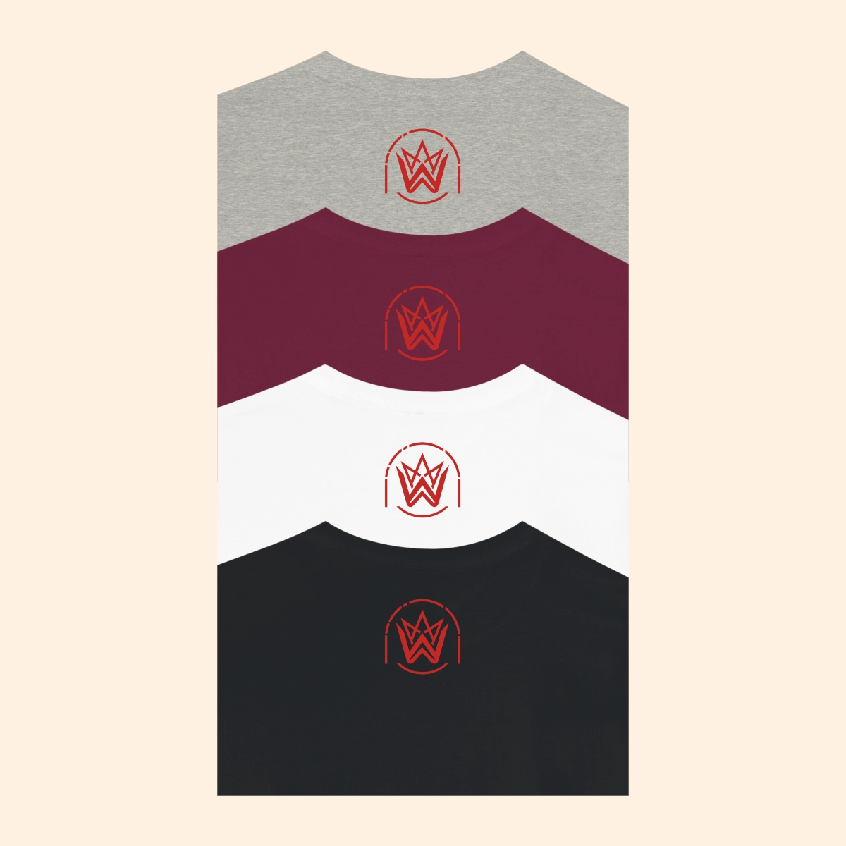 Back neck view of Onna-Bugeisha T-shirts in ash, maroon, white and black, each showing the Whuploo neck logo.