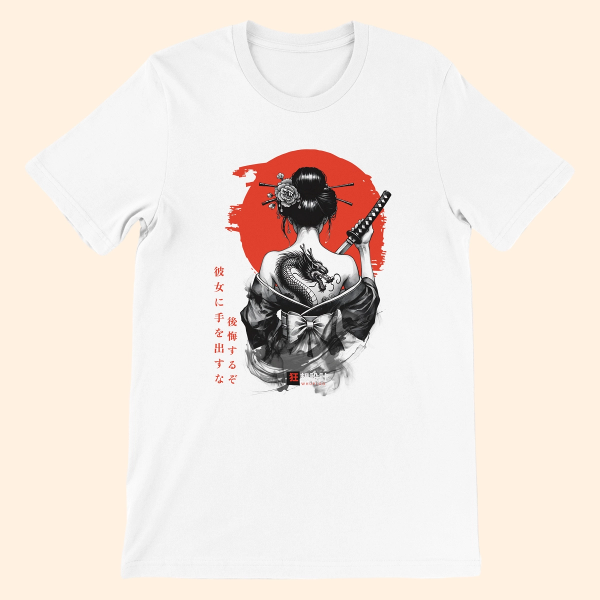 White T-shirt featuring Onna-Bugeisha graphic artwork with a red sun background and Japanese-inspired text.