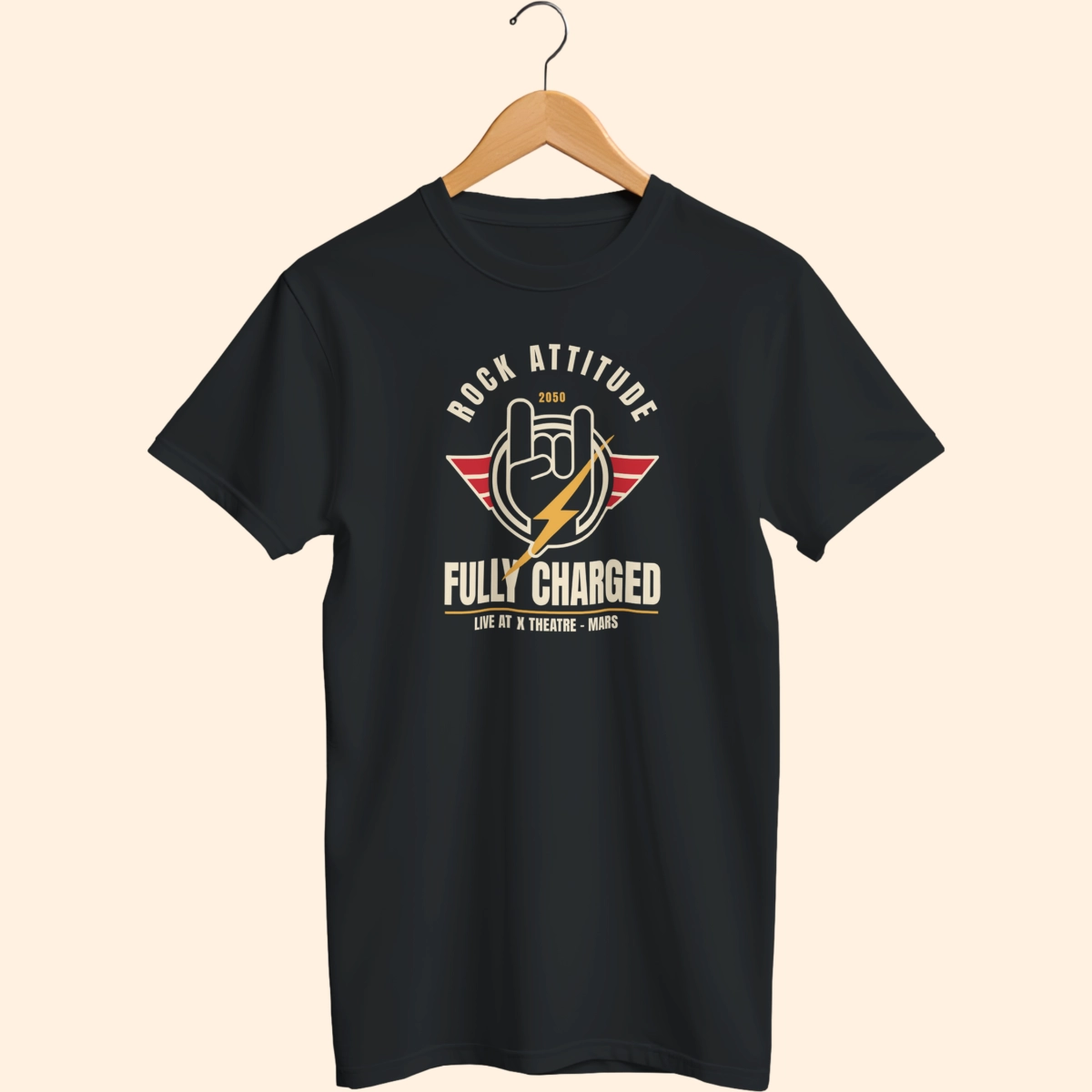 Black T-shirt on a wooden hanger featuring the Rock Attitude Fully Charged graphic printed on the front
