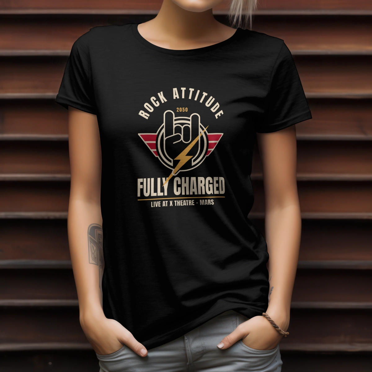 Person wearing a black Rock Attitude Fully Charged T-shirt with the graphic printed on the front