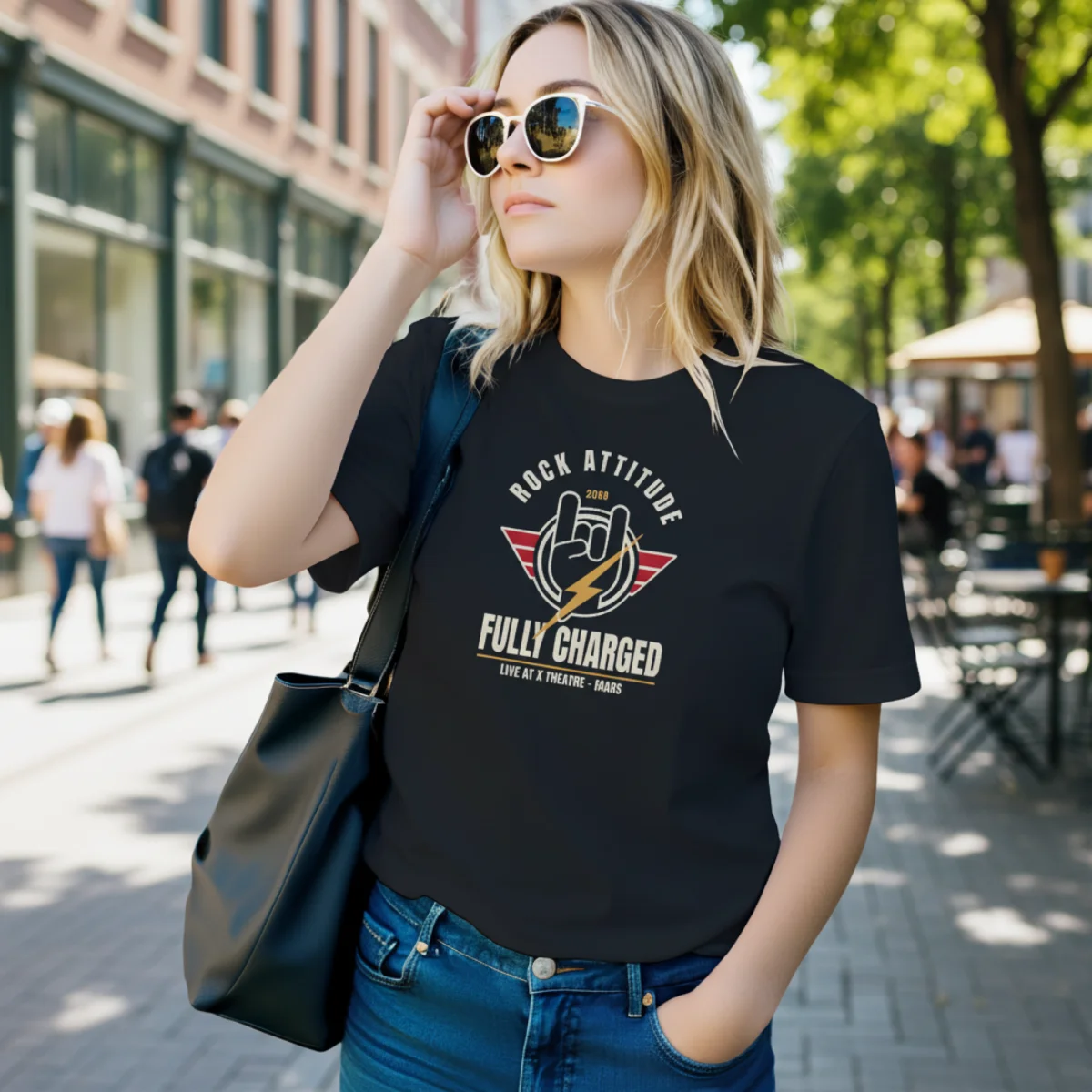 Woman wearing a black Rock Attitude Fully Charged graphic T-shirt outdoors on a city street.