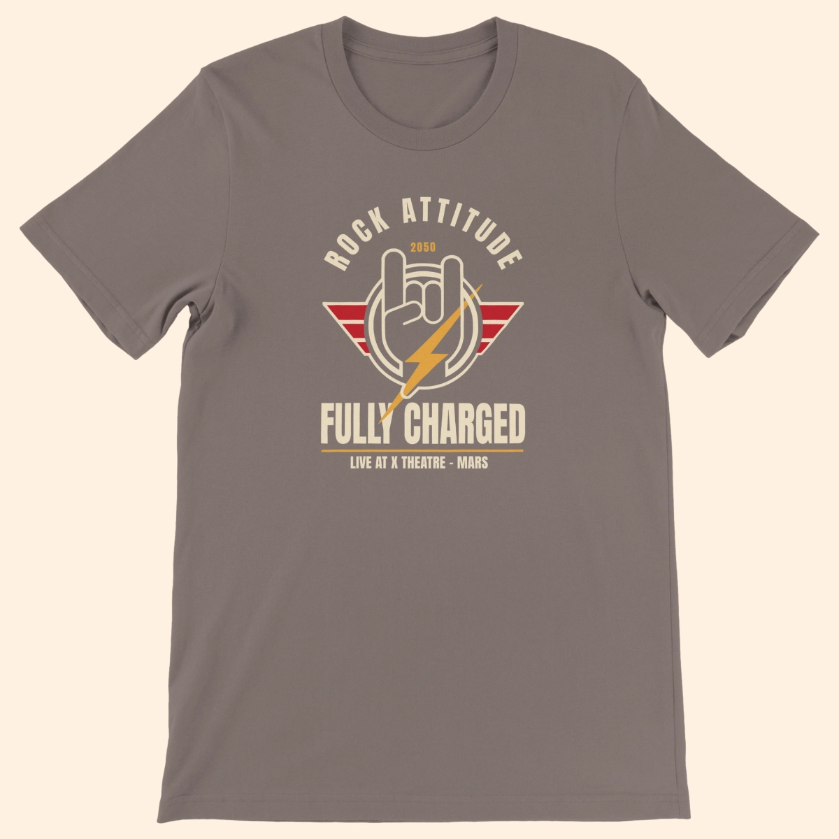Pebble brown T-shirt featuring the Rock Attitude Fully Charged graphic printed on the front