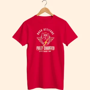 Red T-shirt on a wooden hanger featuring the Rock Attitude Fully Charged graphic printed on the front