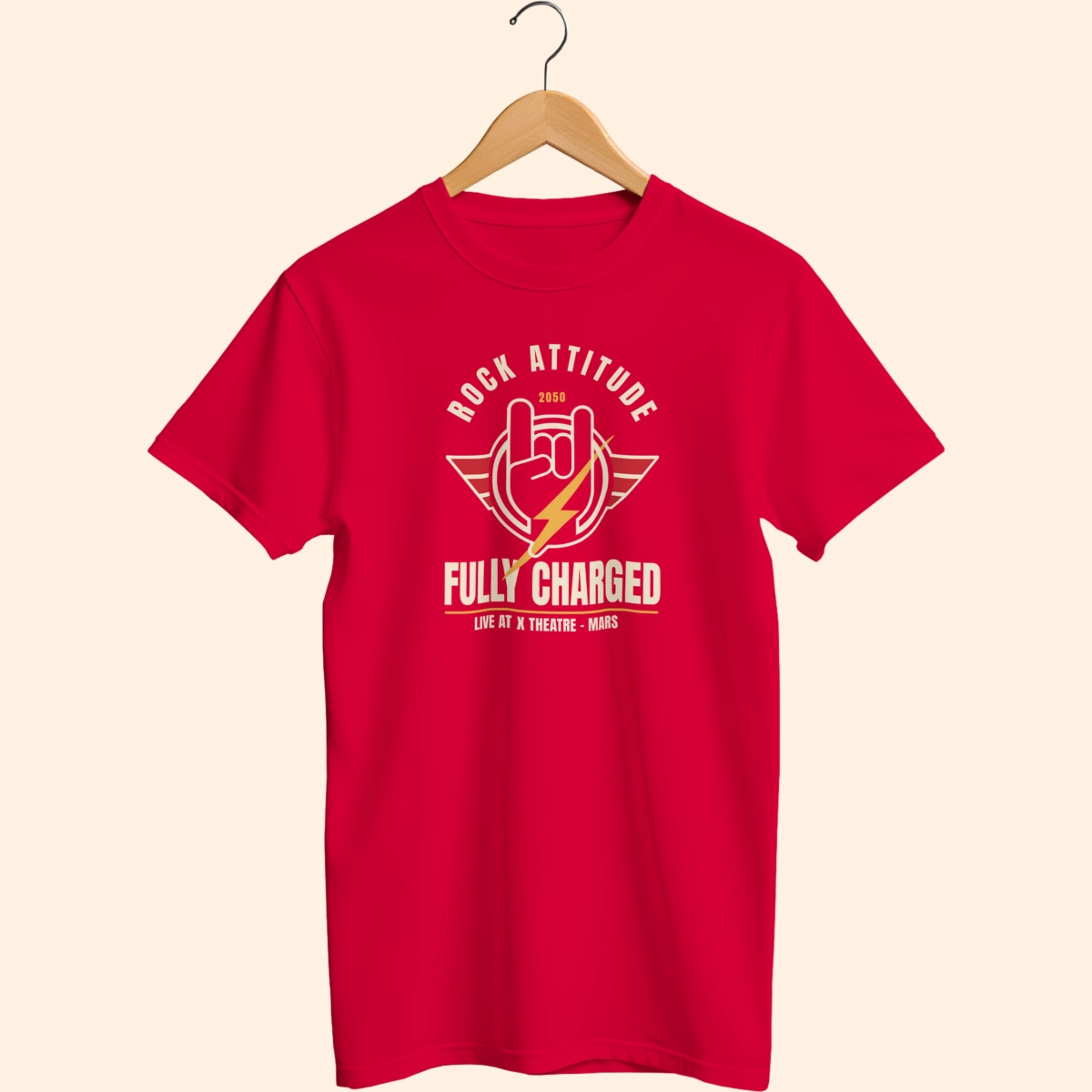 Red T-shirt on a wooden hanger featuring the Rock Attitude Fully Charged graphic printed on the front