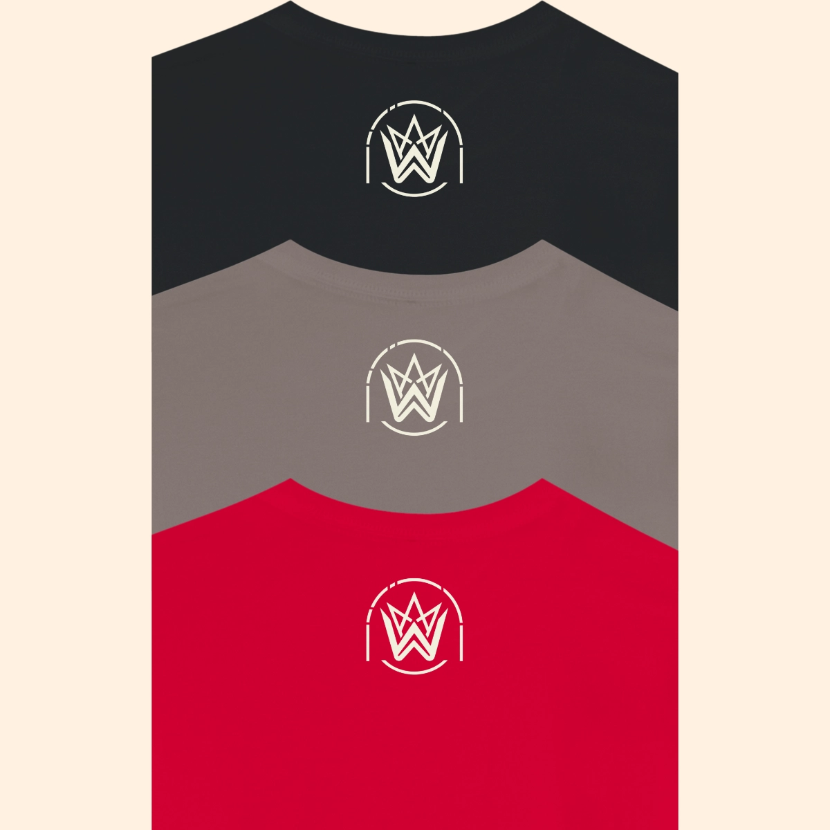 Close-up of Whuploo outer neck logos printed on black, pebble brown and red Rock Attitude T-shirts