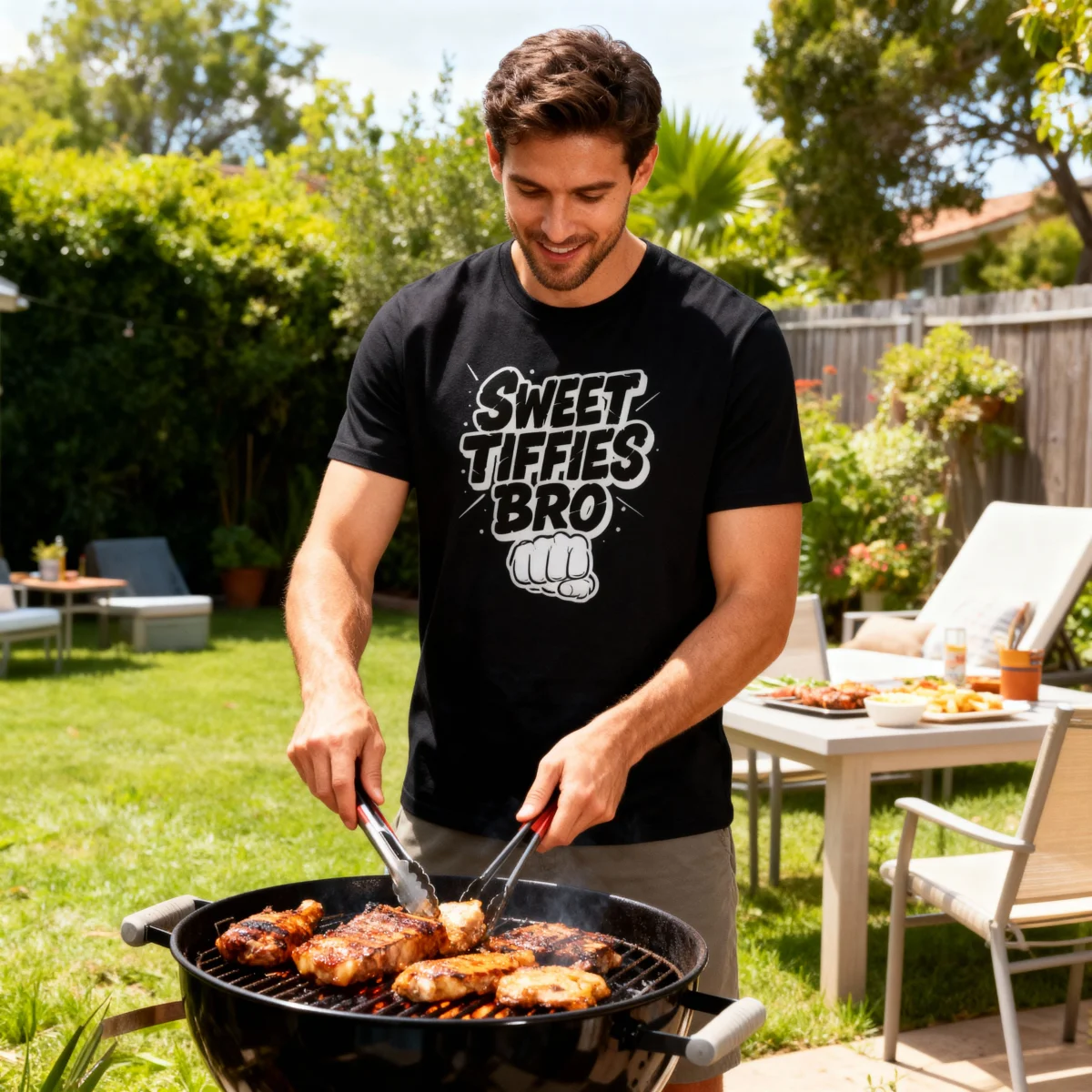 Man wearing a black Sweet Tiffies Bro T-shirt while using a barbecue in an outdoor garden setting.