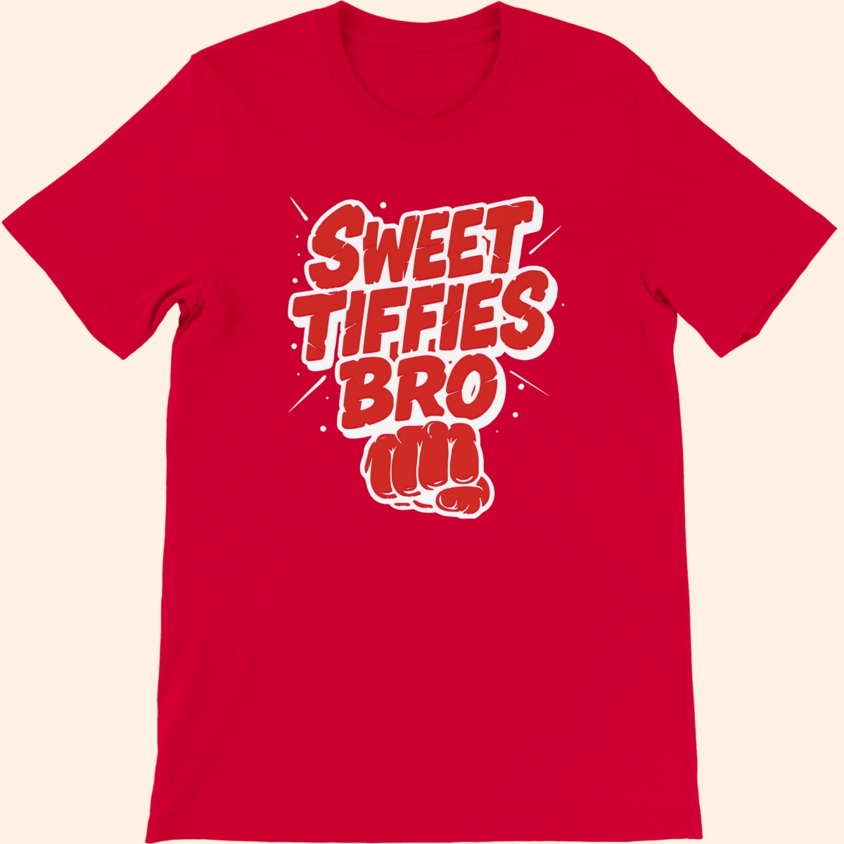 Red T-shirt featuring Sweet Tiffies Bro text graphic on the front.