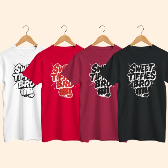 Sweet Tiffies Bro T-Shirt Colour Variants Four t shirts in white red maroon and black showing Sweet Tiffies Bro print on front