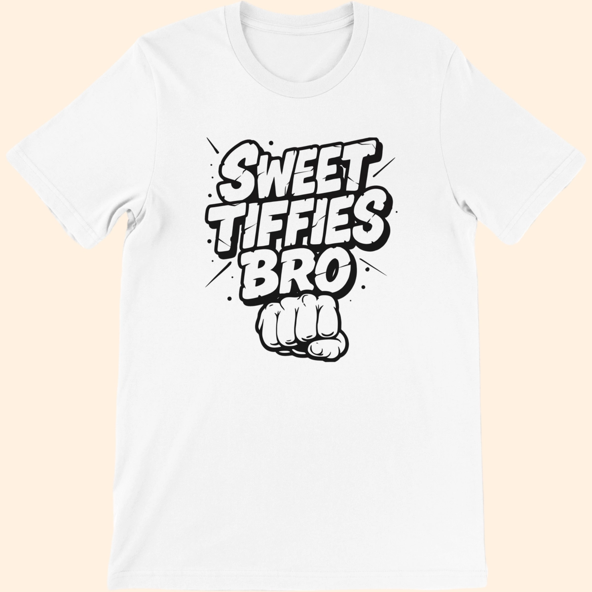White T-shirt with Sweet Tiffies Bro text graphic shown from the front.