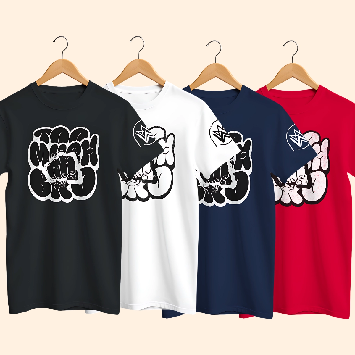 Four Too Much Bro T-shirts in black, white, navy and red shown on hangers with the front graphic partly visible.