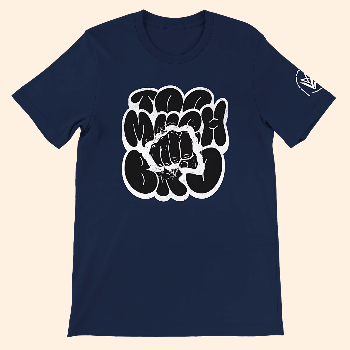 Navy T-shirt with a black and white Too Much Bro front graphic print.