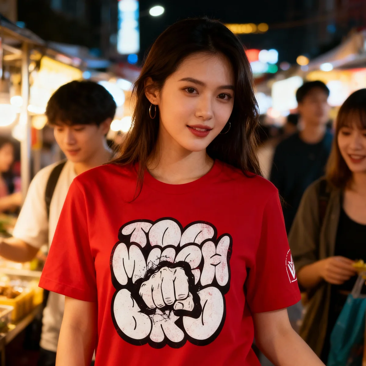 Red T-shirt with Too Much Bro front graphic worn by a model at a night market.