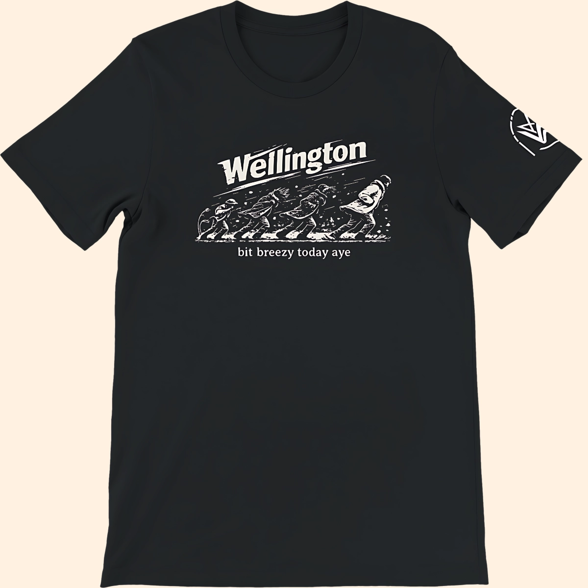 Black T-shirt shown from the front with Wellington Breezy text artwork and a sleeve logo detail.