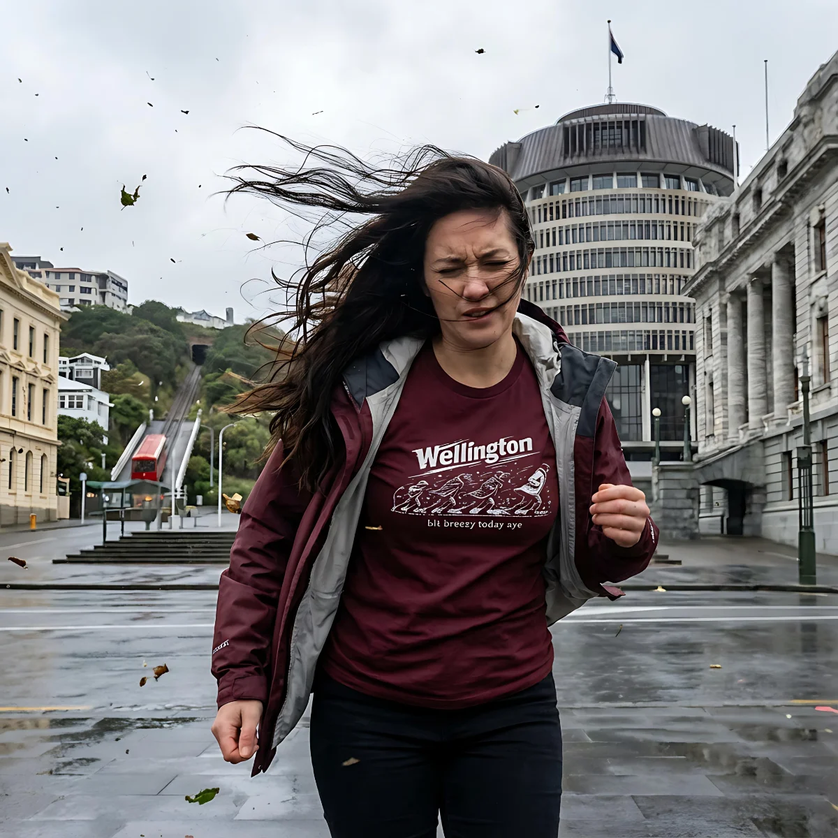 Person wearing a maroon Wellington Breezy T-shirt outdoors with the front print visible.