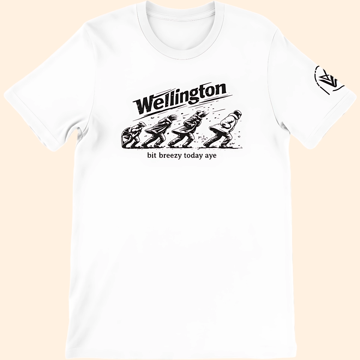 White Wellington Breezy T-shirt shown from the front with a black printed graphic and text design.