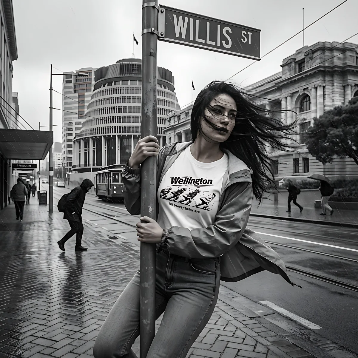 Person wearing a white Wellington Breezy T-shirt near a Willis Street sign in Wellington.