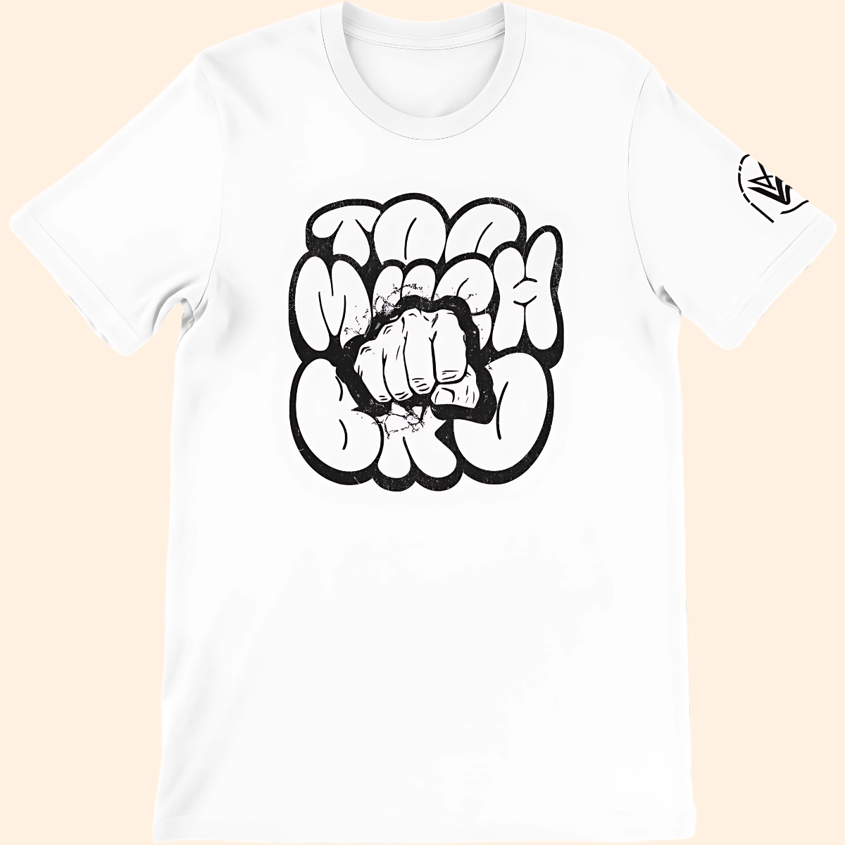 White T-shirt with a black Too Much Bro front graphic and Whuploo sleeve logo.