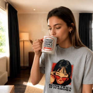 Woman holding a Whuploo mug while wearing a Blink Twice If It Grows T-shirt.