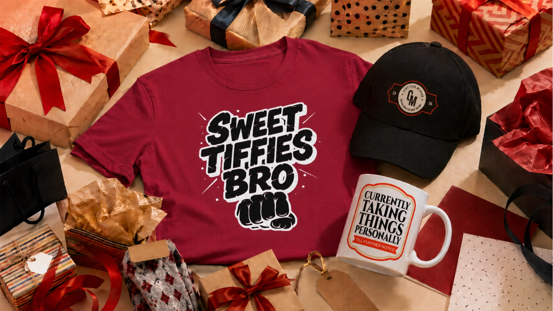 Whuploo funny gift ideas with a graphic T-shirt, quote mug and cap among wrapped gifts