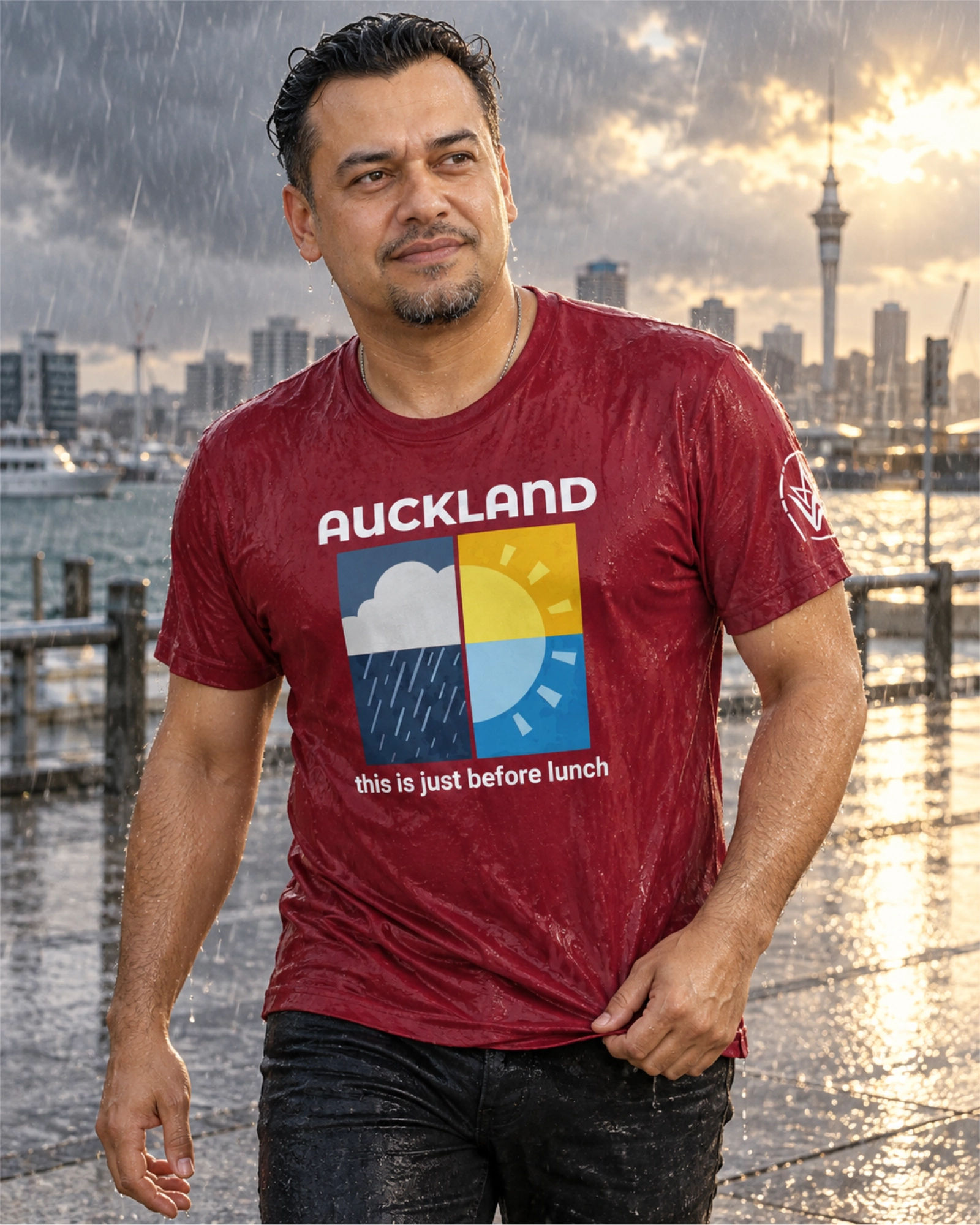 Man wearing a rain-soaked maroon Auckland weather T-shirt on the waterfront, with the Sky Tower and storm clouds behind him.