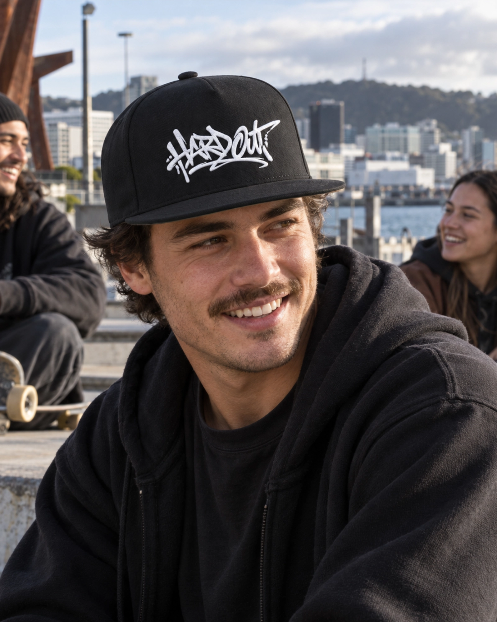 Man wearing a black HARDOUT flat bill cap with white embroidery at a Wellington skate spot